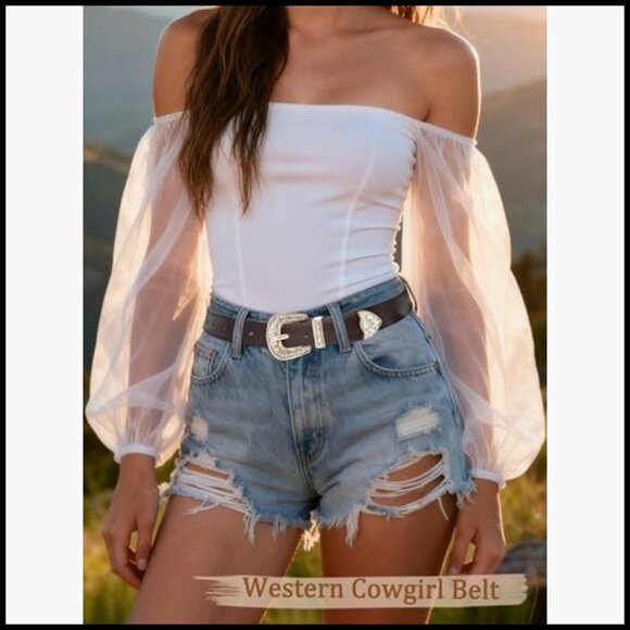 Western Engraved Buckle PU Leather Belt for Women, 1.1\